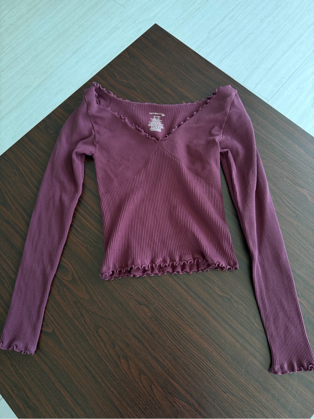 Free People Ribbed V-Neck Lettuce-Edge Long Sleeve Top in Plum Easy to Love